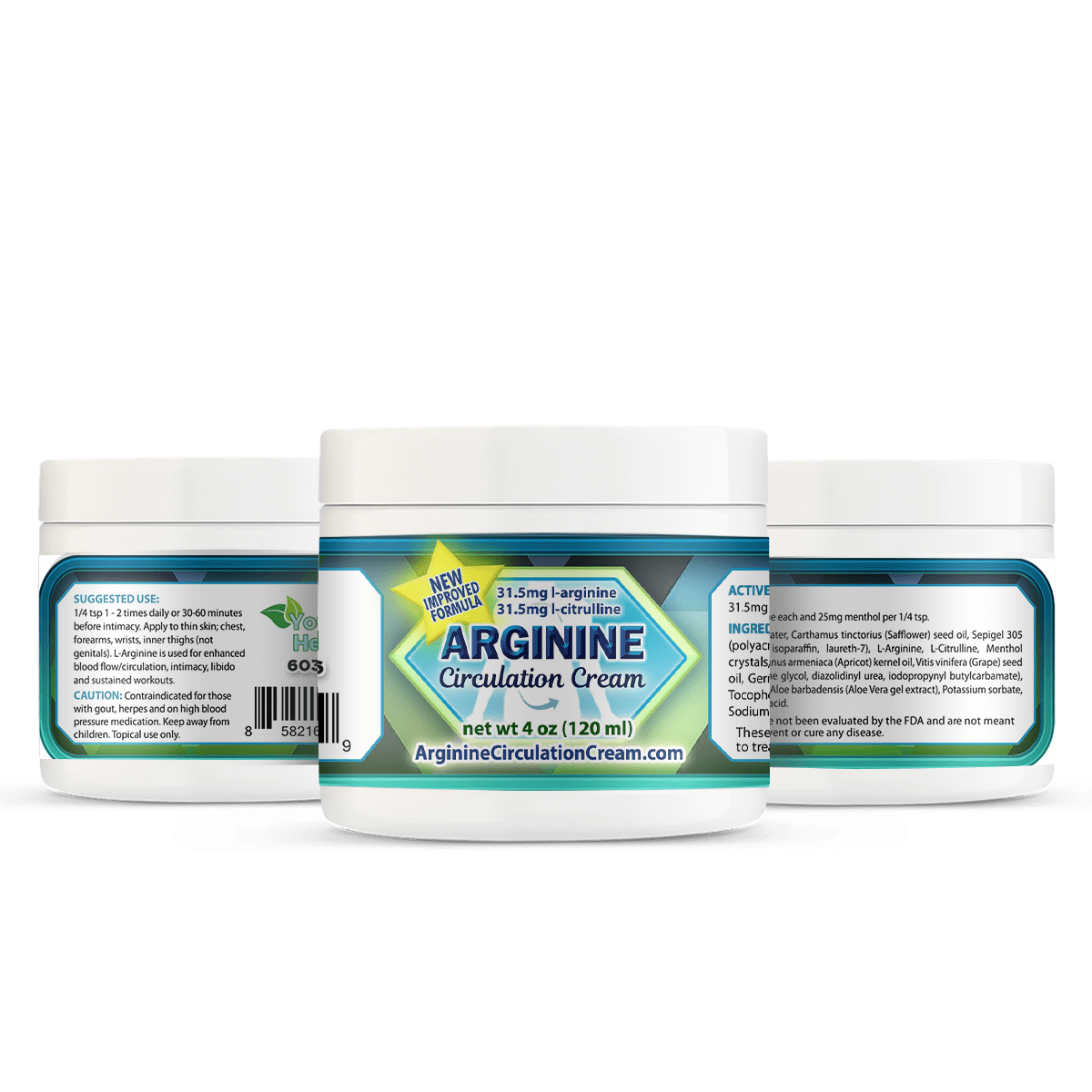 Arginine Circulation Cream 4oz Jar - 3 Sides View Arginine Circulation Cream 4oz Jar - 3 Sides View