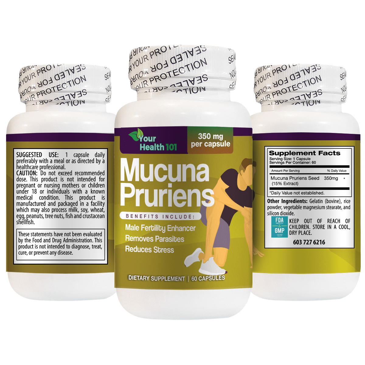 Mucuna Pruriens 60ct - 3 Sides View Mucuna Pruriens 60ct - 3 Sides View