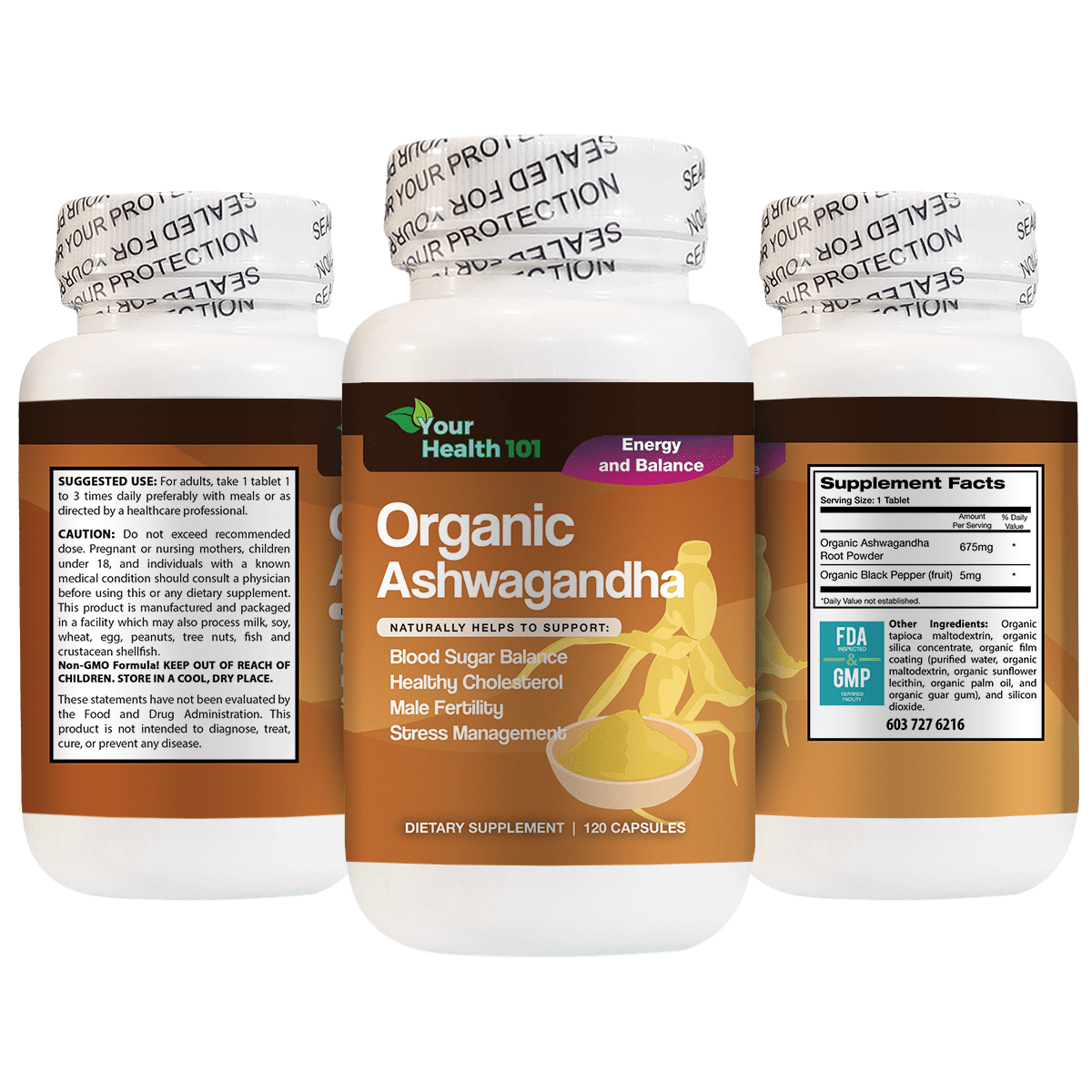 Organic Ashwagandha 120ct 3 Sides - YourHealth101 Organic Ashwagandha 120ct 3 Sides - YourHealth101