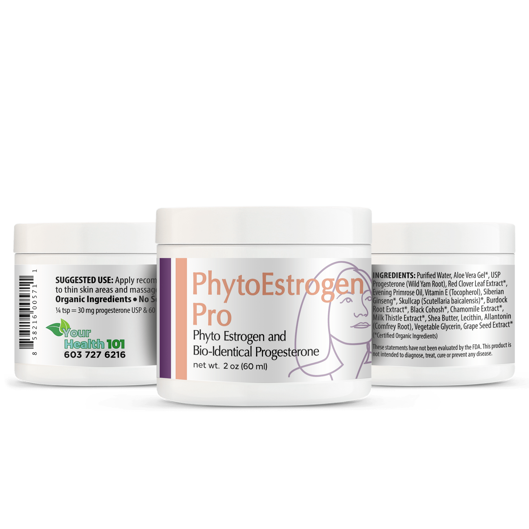 Phyto Estrogen Pro 2 oz jar - 3 sides view Phyto Estrogen Pro 2 oz jar - 3 sides view