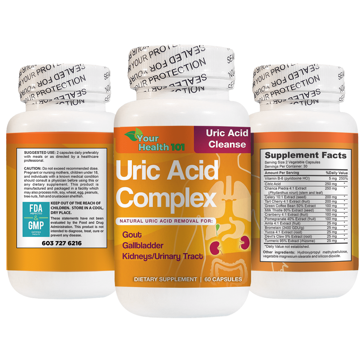 Uric Acid Complex 60ct - 3 Sides View Uric Acid Complex 60ct - 3 Sides View